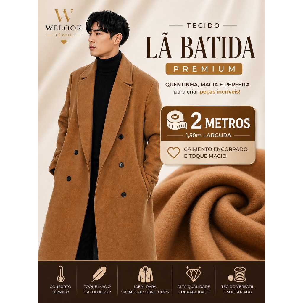 Lã Batida Premium 2 Metros 1,50m Largura | Tecido Quentinho e Encorpado - Várias Cores
