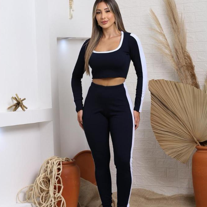 Conjunto Feminino Anarruga Canelado com Faixa Lateral Calça e Cropped Manga Longa Cintura Alta Moda Inverno