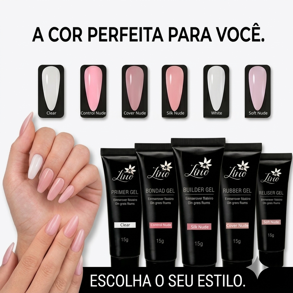 Kit 5, 4, 3, 2, e 1 Polygel Lirió LED UV Profissional 15g F1 Alongamento Poligel Unhas de Gel