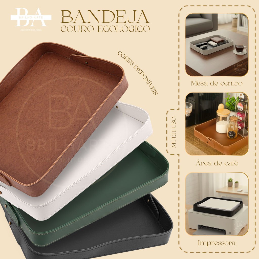 Bandeja Organizadora em Couro Ecológico Porta Objetos A4 para Mesa Escritório Café e Decoração