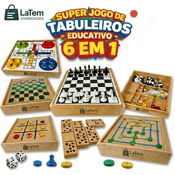 Jogo Tabuleiro Educativo Madeira Clássicos Xadrez Dama Jogo da Velha Ludo Trilha Dominó 6em1