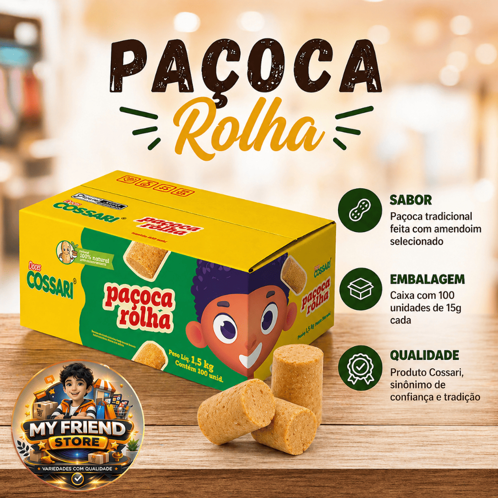 Paçoca Rolha Cossari Caixa 100 Unidades Doce Tradicional de Amendoim para Revenda Festas e Delivery
