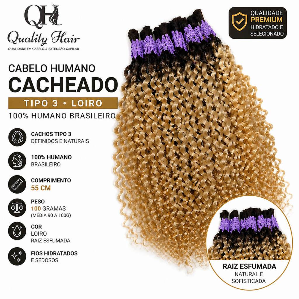 Cabelo Humano Brasileiro Cacheado Tipo 3 Loiro Raiz Esfumada 75 CM 50 ou 100 Gramas - 100% Humano
