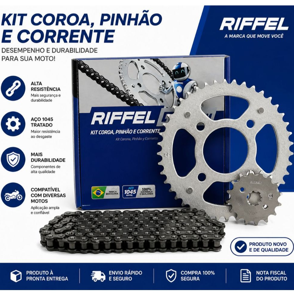 Kit Relação Transmissão Tração Honda Titan Fan 125 2000 a 2008 completo Riffel Aço 1045