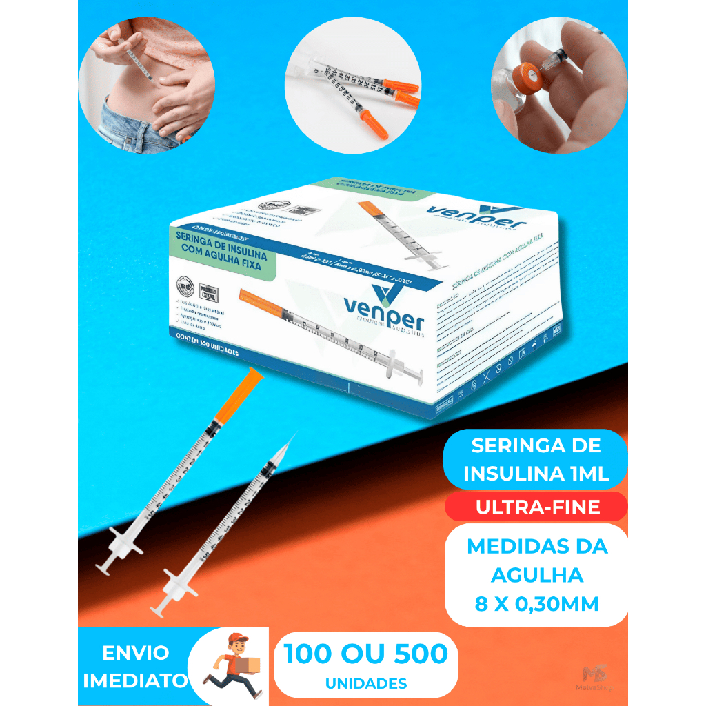 Seringa Insulina 1ml com Agulha Fixa 8X0,30mm 30g Venper C/100 Unidades ou 500 unidades