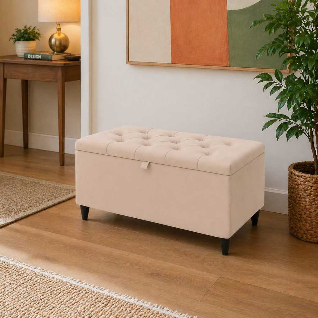 Recamier Baú Estofado Pé de Cama Casal Luxo Banco 1,20cm Madeira Organizador Sofisticado
