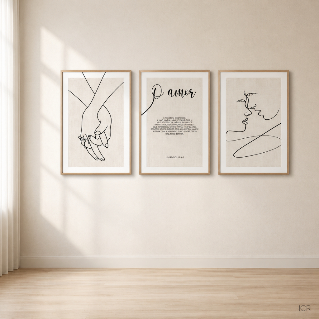 Kit 3 Quadros Decorativos Amor Minimalista Frase Bíblica Casal Moldura Premium
