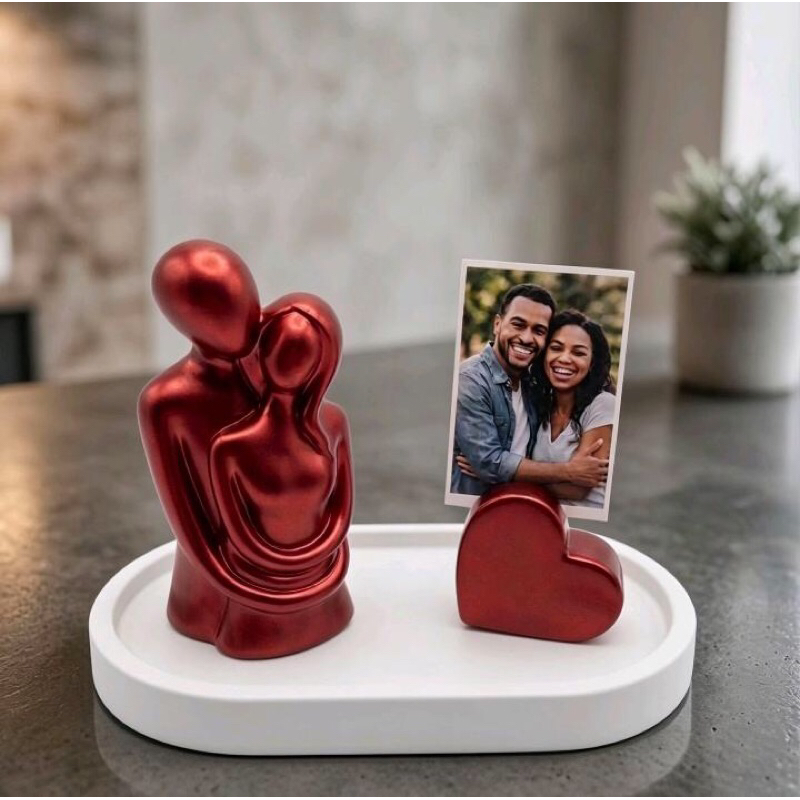 Kit Decorativo Casal Escultura + Porta Fotos Coração + Bandeja Gesso Impermeabilizado Ati Mimos