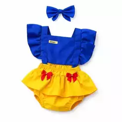 Jardineira Romper Body Branca de Neve Princesa Bebe Menina Tema Aniversario Luxo Fantasia RN 3 a 12 meses