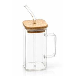 CANECA VIDRO QUADRADA COM CANUDO REUTILIZAVEL VIDRO TAMPA BAMBU 360ML
