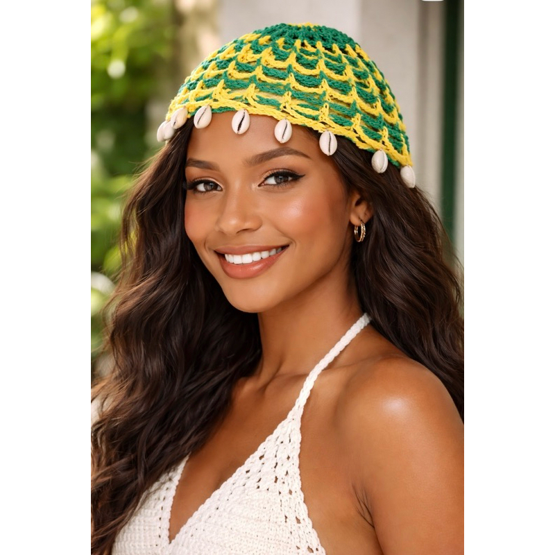 Touca de crochê Headpiece Praia / Moda Verão 2026 / Look Boho Chic/ Acessório Moda trendy / Bandana artesanal