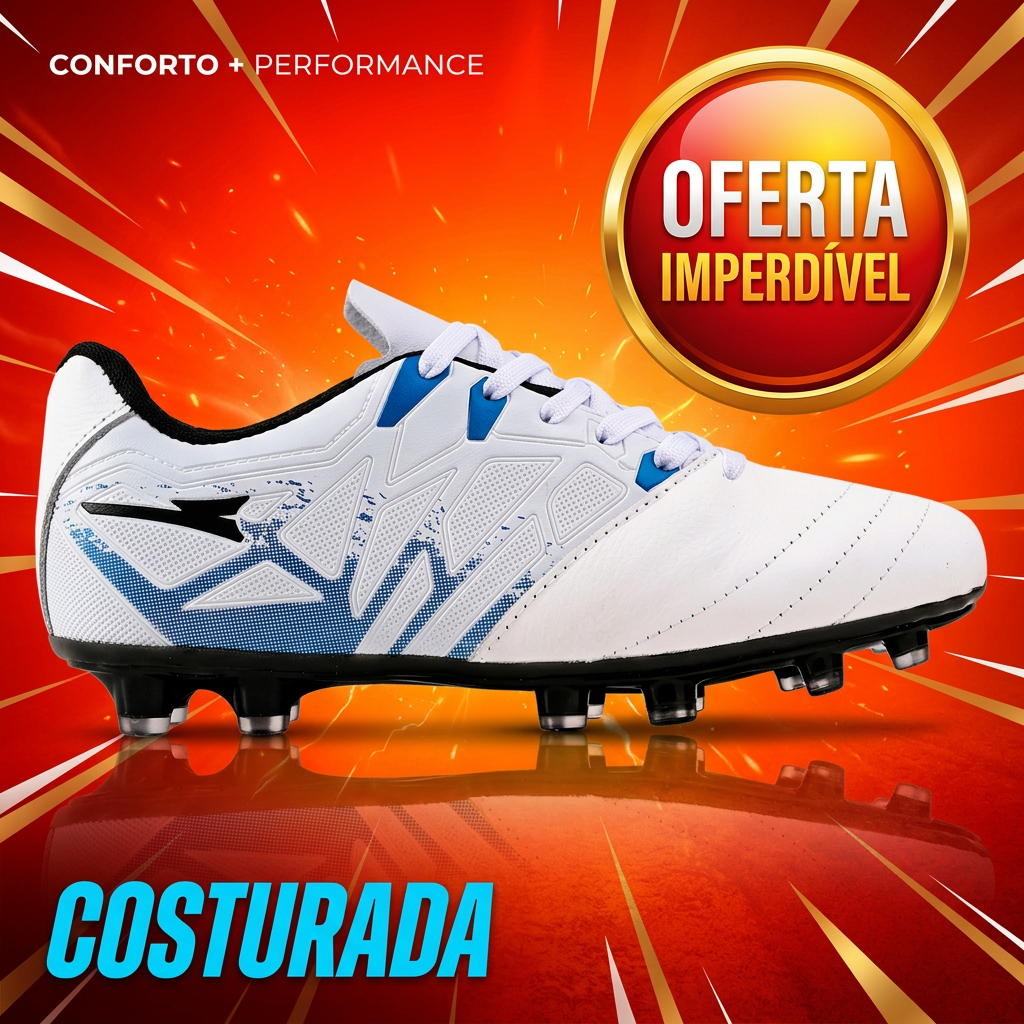 Chuteira bico em 100% Couro Legitimo Campo Trava Resistente Costurada R119-03
