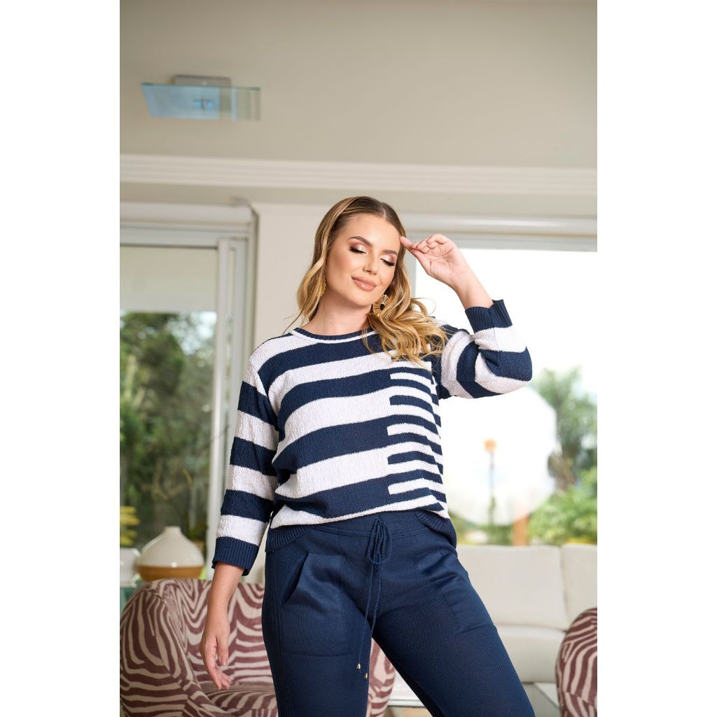 Blusa Feminina Isabel Manga 3/4 Listras Outono Inverno Salzani Tricot 2026