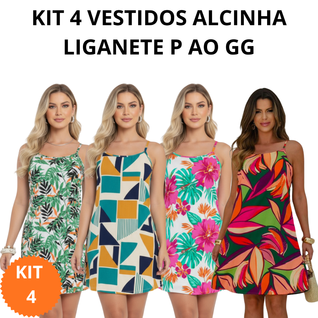 Kit 4 Vestidos Liganete Estampado Conforto e Estilo P ao GG Estampas e Cores Variadas