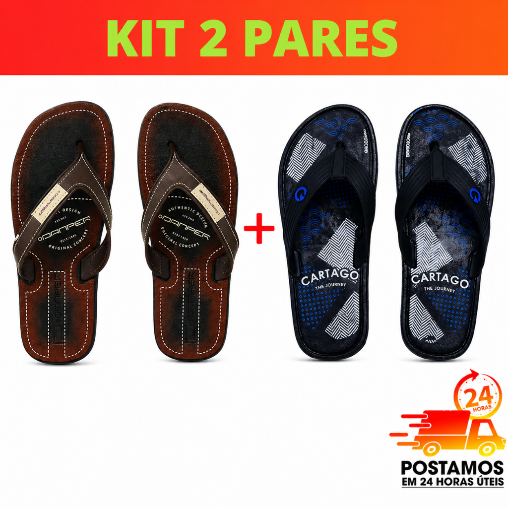 Kit 2 Pares Chinelos Sandalia Tiras Reforçadas Antiderrapante Borracha Leve Macio Ortopédico Power