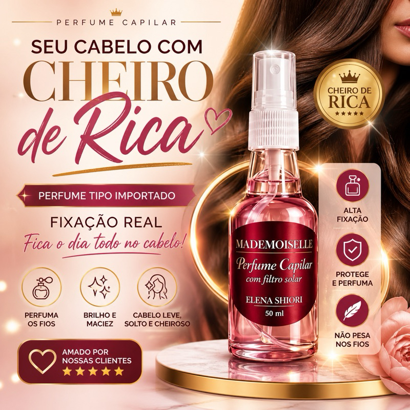 Perfume Capilar 50ml Fixação Alta Cheiro de Rica Cabelo Perfumado essencia Importada