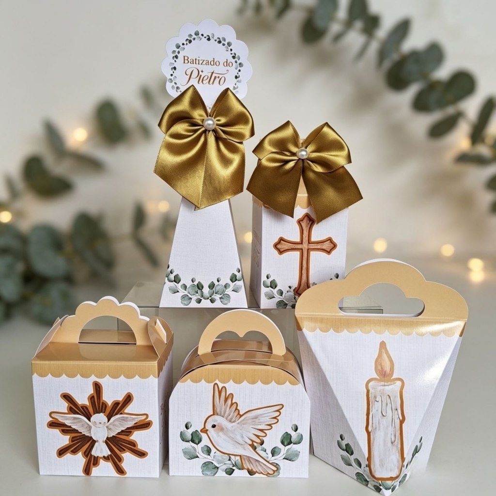 Kit Personalizados BATIZADO CRISMA EUCARISTIA DOURADO Pegue e Monte Caixinhas Lembrancinhas Festa Infantil Aniversário