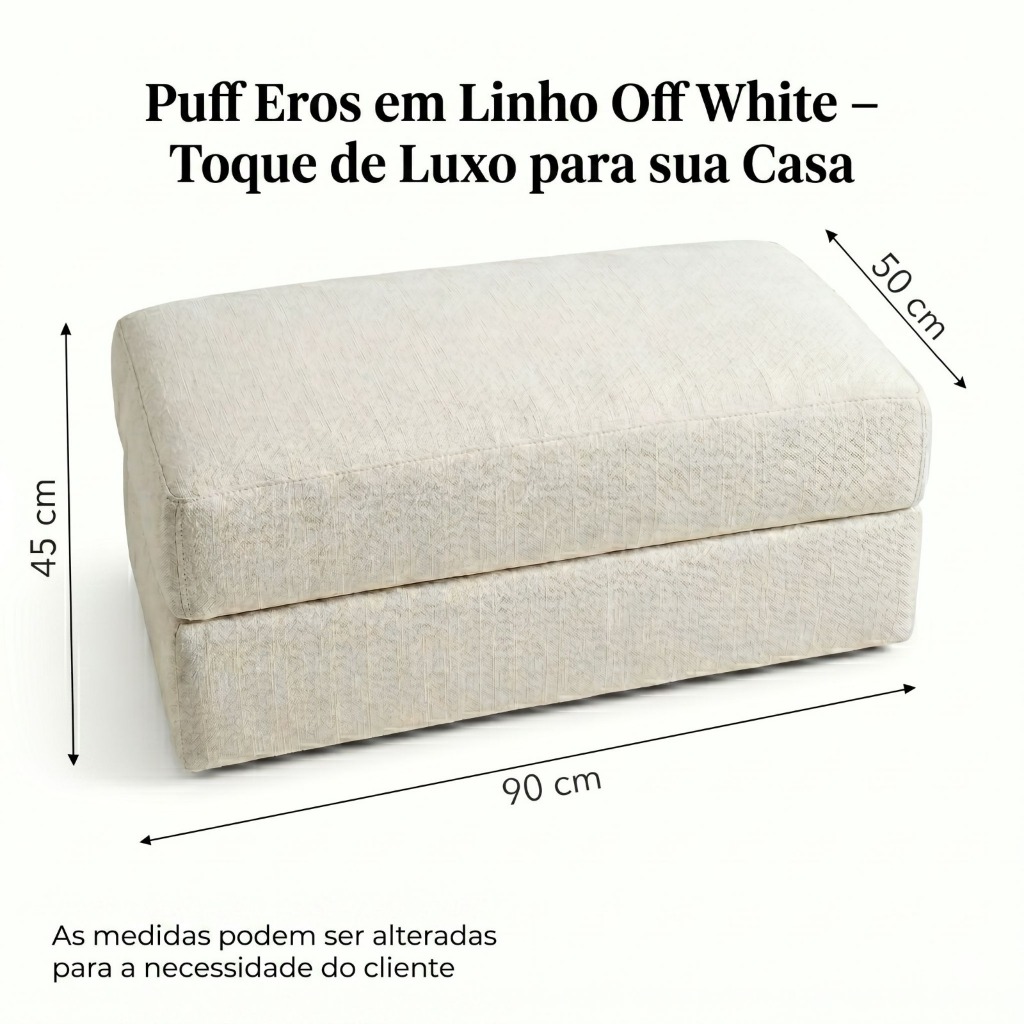 Puff Eros Linho Off White 90cm Grande | Puff Sala Moderno Decorativo