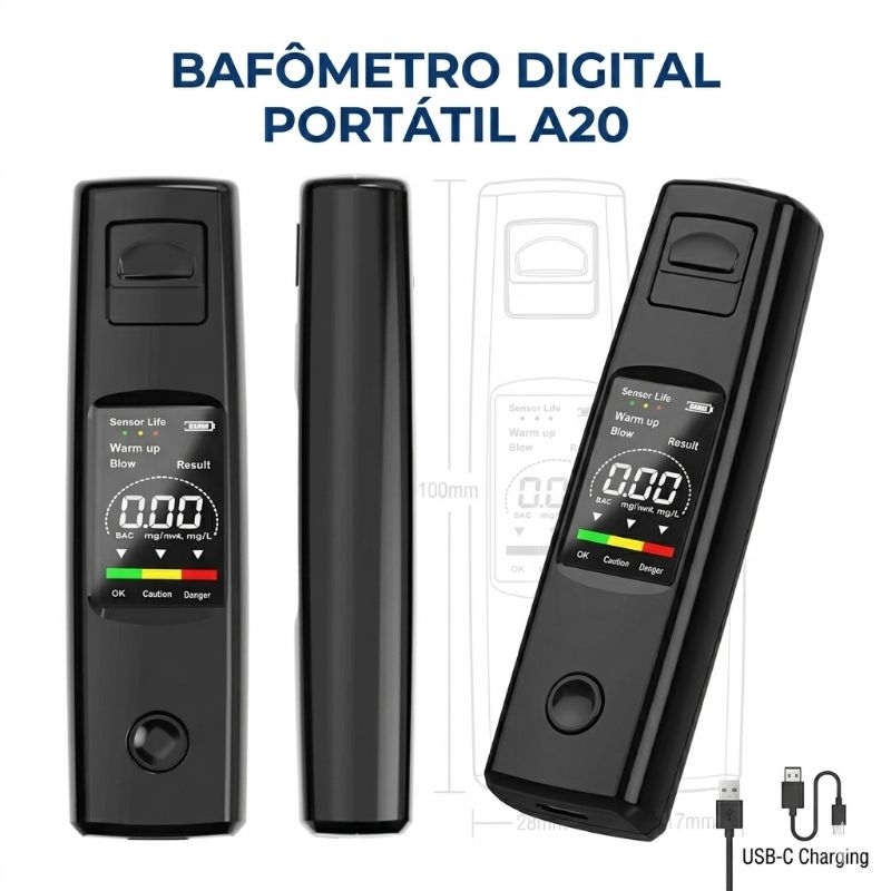 Bafômetro Digital Portátil Recarregável USB-C Tela HD Colorida Sensor Alta Precisão Profissional Sem Bocal Modelo A20