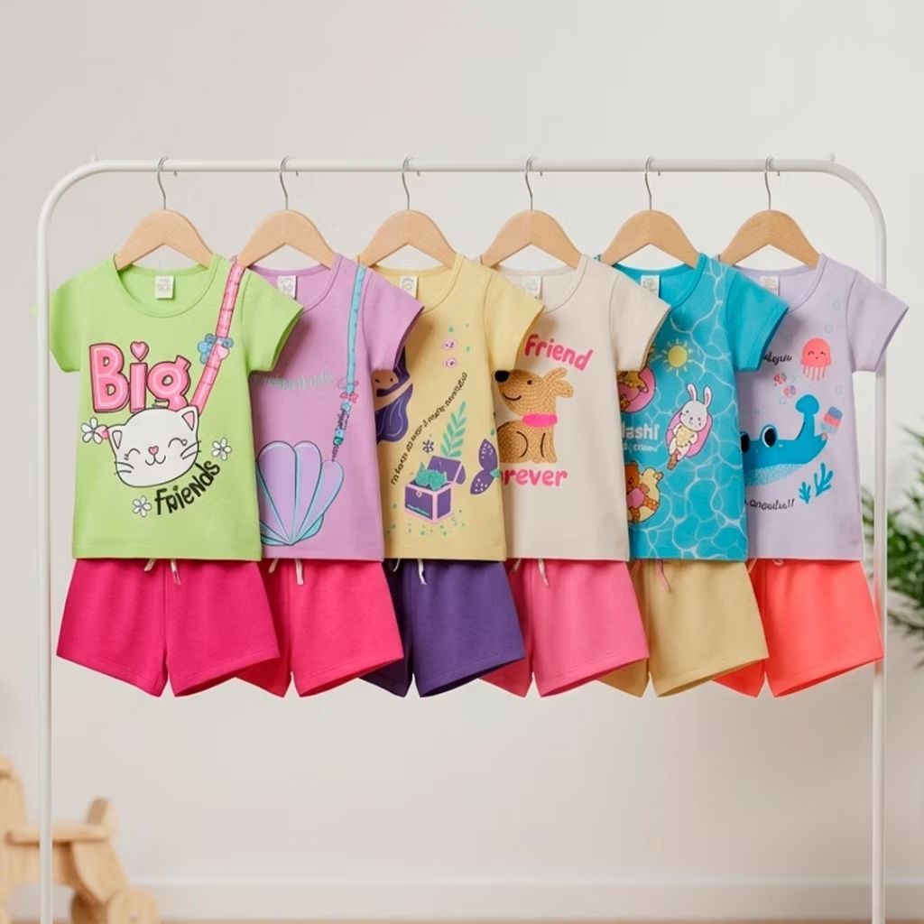 Kit Sortido 2, 6 ou 8 Peças de Roupas Bebe Menina Infantil Feminino Conjunto De Verão Em Algodão Estampas Estilosas