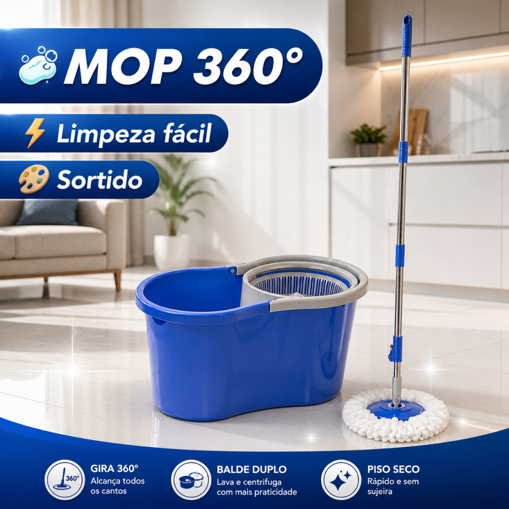Mop Giratório 360 Balde Duplo 8L Sortido Esfregão Limpeza Pesada Centrifugador + Refil Microfibra e Limpador Perfumado🚀