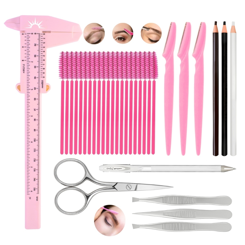 Kit Profissional Designer de Sobrancelha Tesoura Navalha Paquímetro Lápis Caneta Branca Escovinha