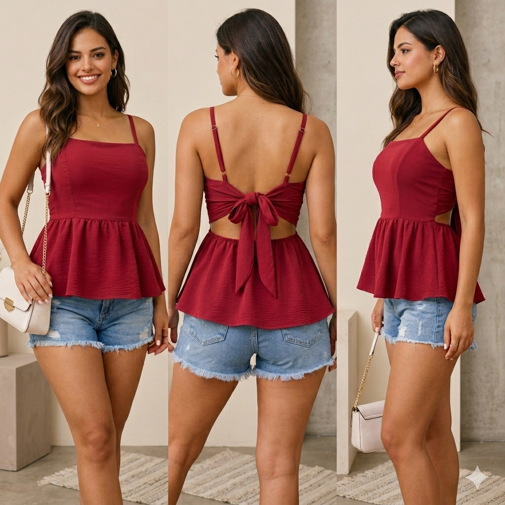 Blusa Feminina Tendencia com Alças Reguláveis e Amarração nas Costas – Tecido Duna