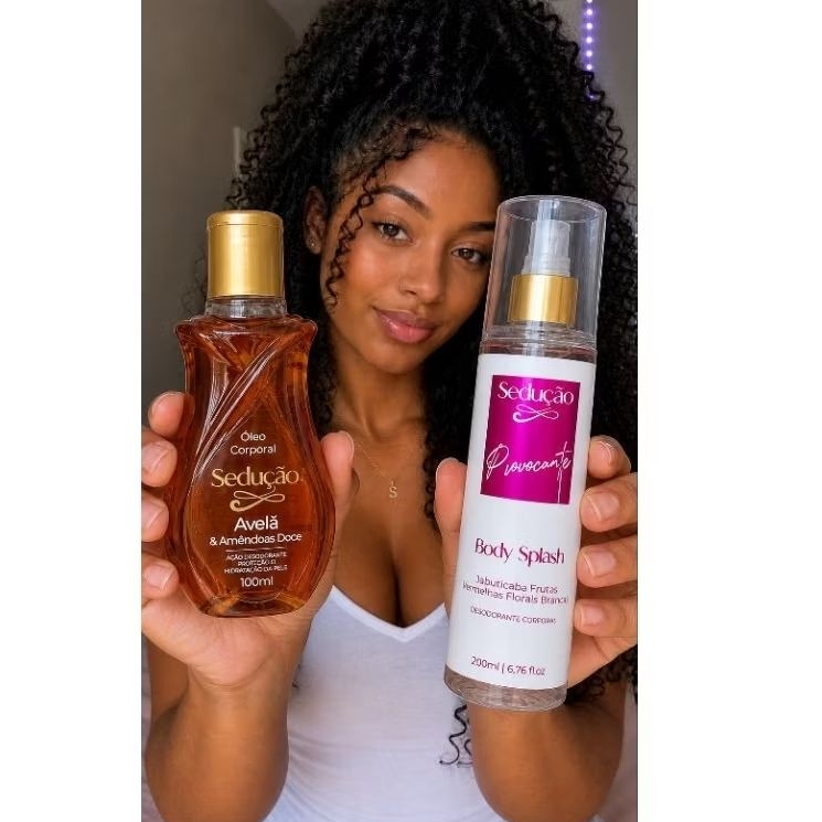 Kit Sedução Body Splash Provocante 200ml + Óleo Corporal Avelã 100ml Hidratação Perfume Duradouro