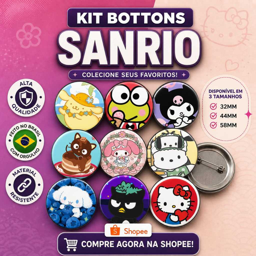 Bottons Personalizados Kit 3, 6 ou 9 Unidades | Sanrio / Hello Kitty | Tamanhos 32mm 44mm 58mm