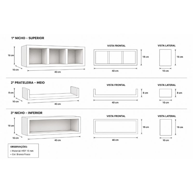 Detalhes do kit 3 Nicho de banheiro Parede MDF Prateleira para banheiro cozinha todos ambientes salas escritório quartos