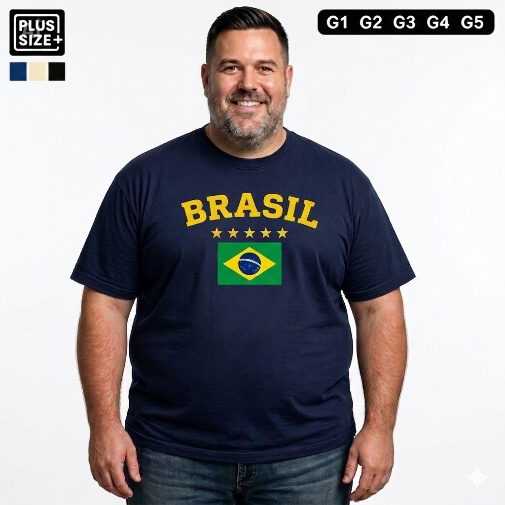 Camiseta do Brasil Plus Size G1 ao G5 Masculina 100% Algodão G1 G2 G3 G4 G5 Preto Azul Off White