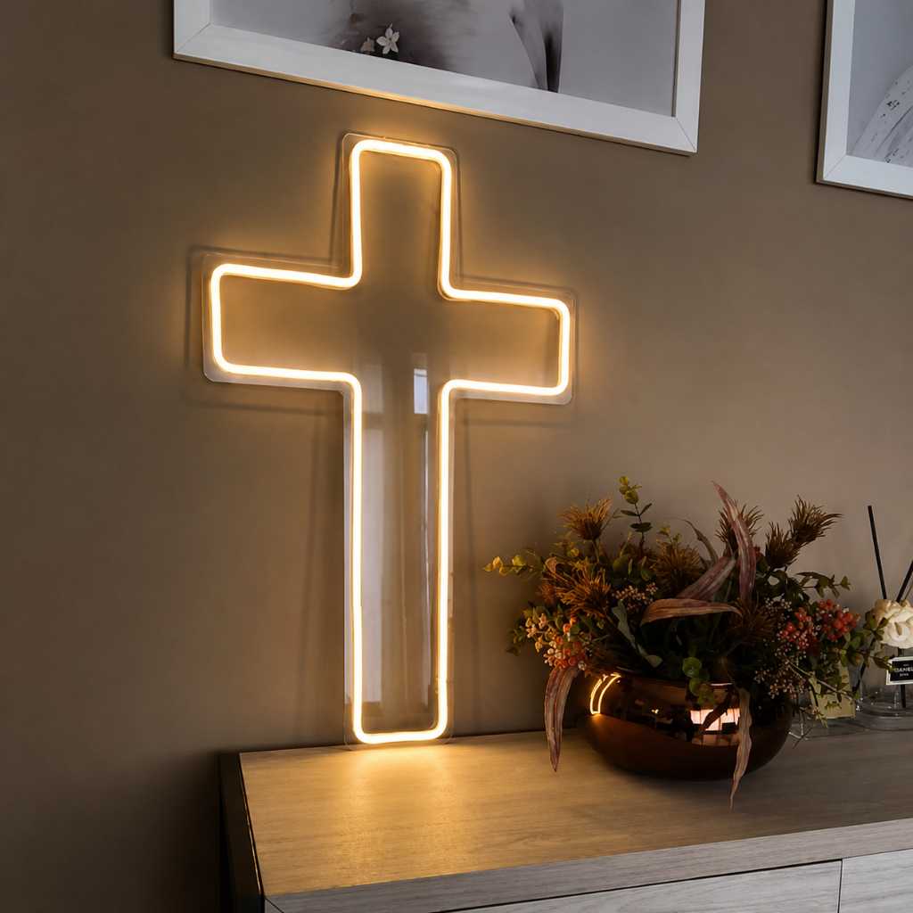 Cruz Em LED Neon Luminária Decorativa Religiosa 100% Acrílico