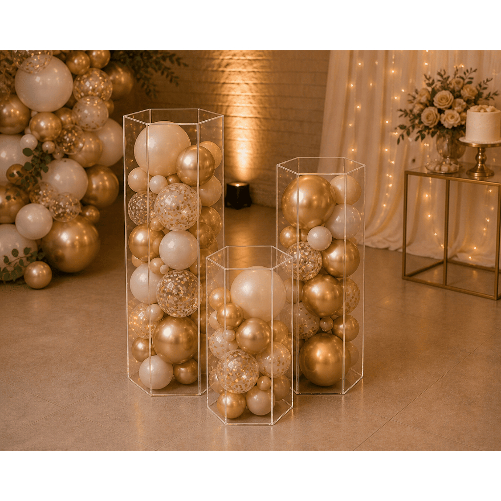 Kit 3 Cubos Cilindro Hexagonal Acrílico Transparente com Case MDF 6mm Festas Decoração Evento Vitrine