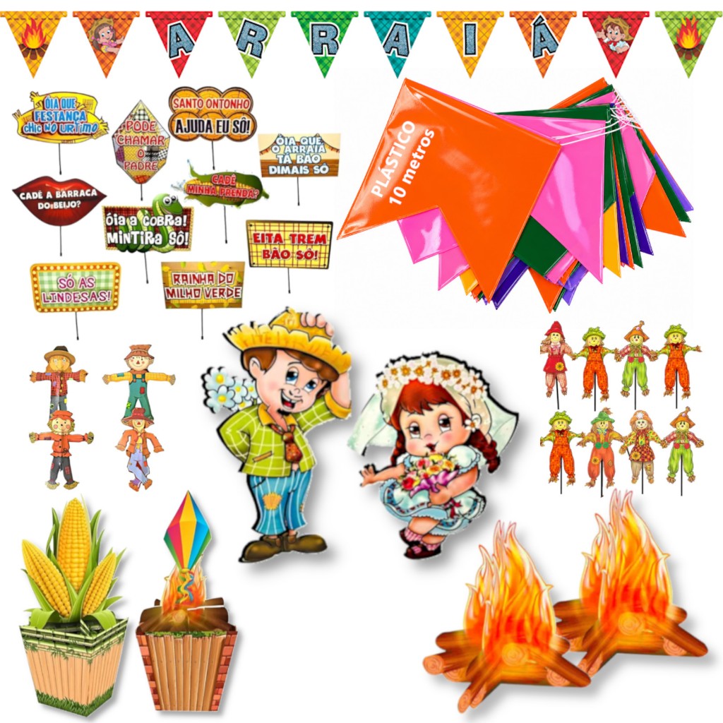 Kit  Decoração Festa Junina Completo Mesa Enfeite São João Quadrilha Bandeirinha Quermesse Caipira