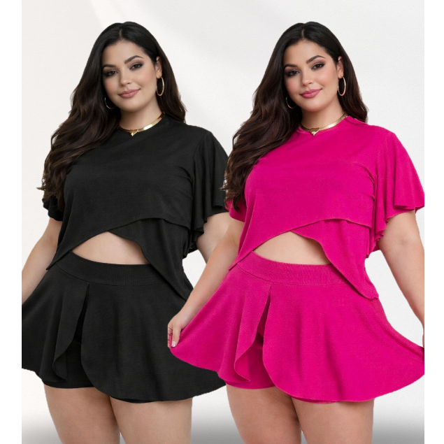 Conjunto Plus Size Conjunto Cropped Feminino sem bojo e Short Saia  Conjunto tam 46 ao 50
