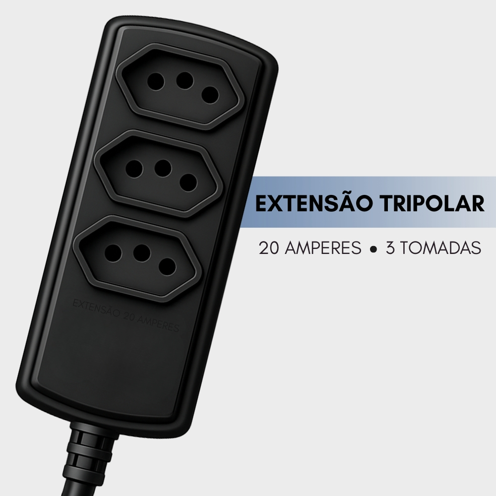 Extensão 3 Tomadas para secador aspirador forno ar condicionado tripolar 20A 3 metros forceline