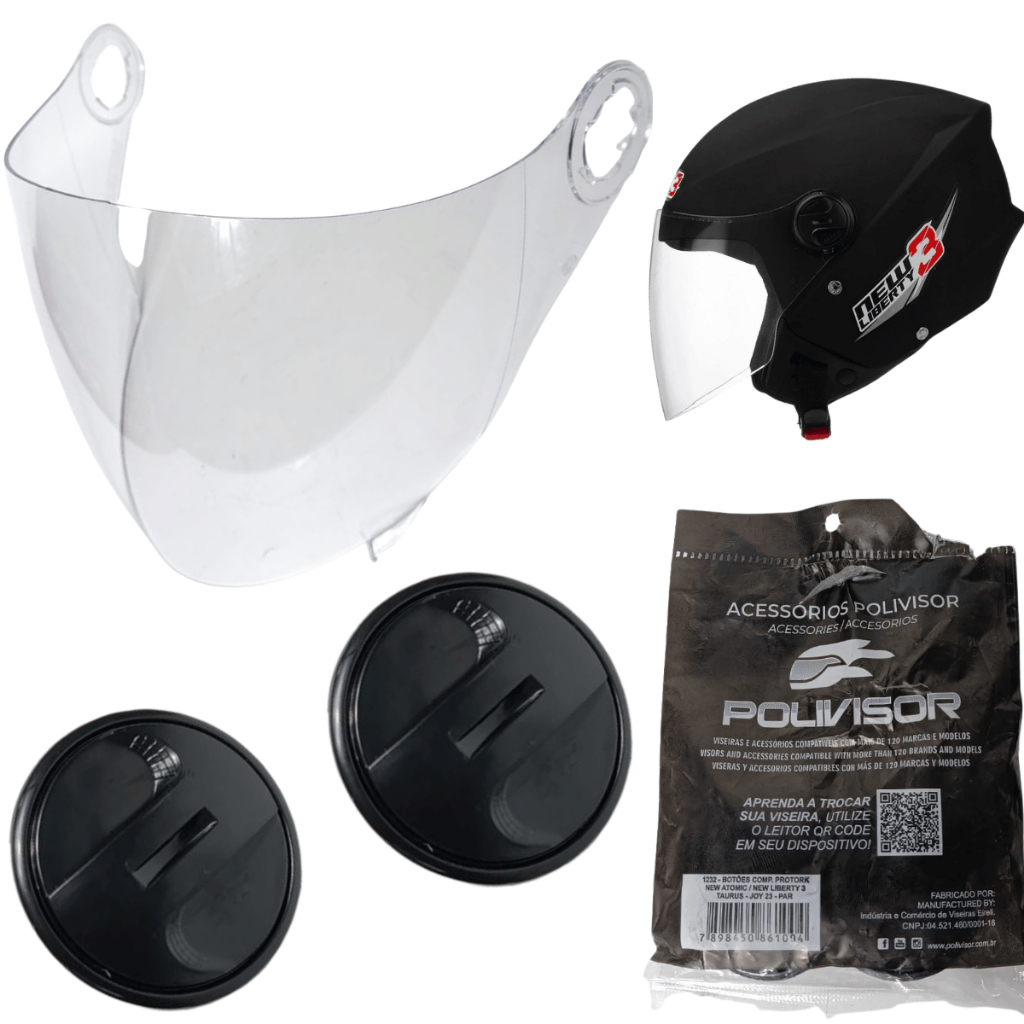 Viseira Polivisor Cristal + Botão Fixador New Liberty 3 Taurus Joy 23 Zeus 202FB
