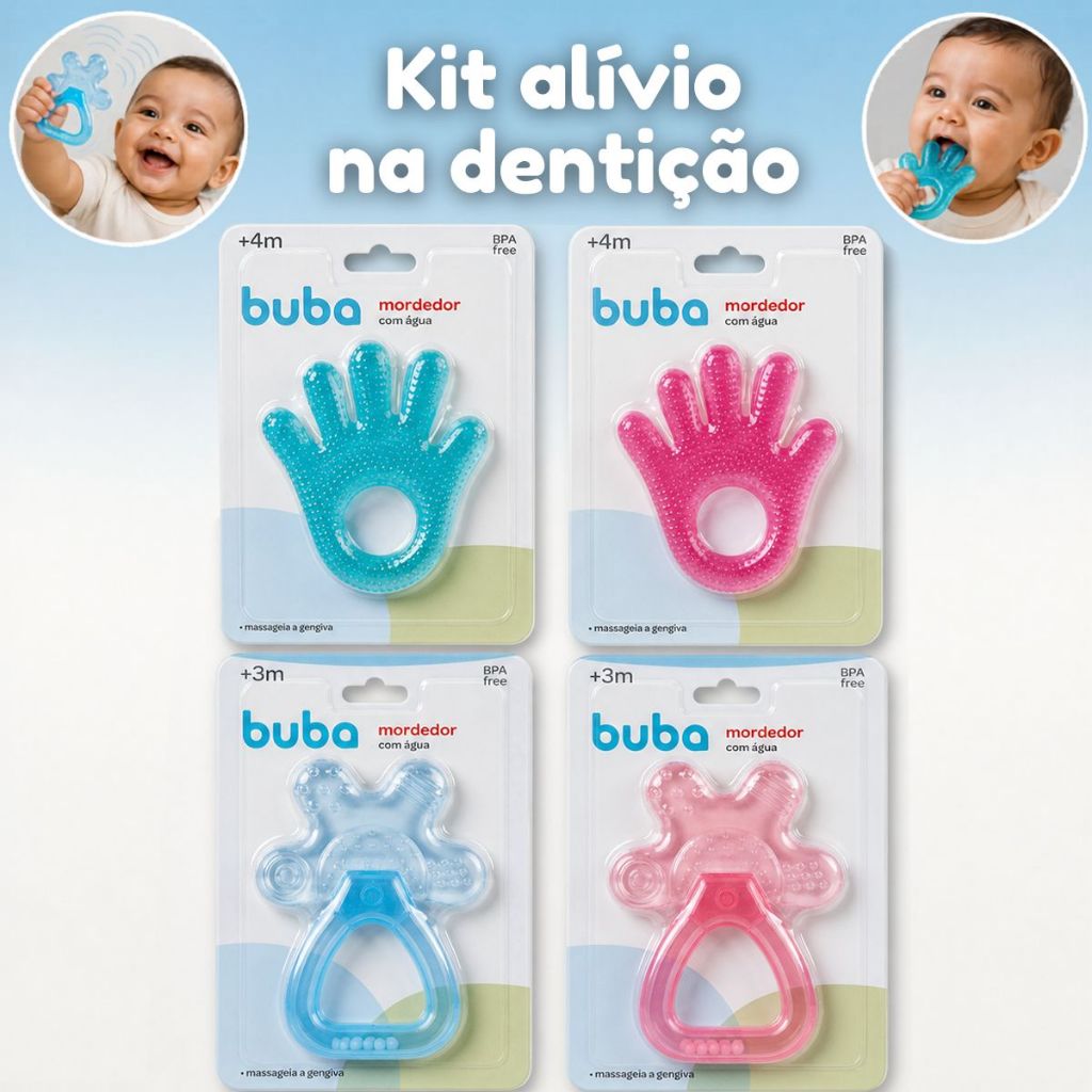 Kit Mordedores Buba com Água Mãozinha + Chocalho Refrigerável Bebê Alivio dor Gengiva e Dentes