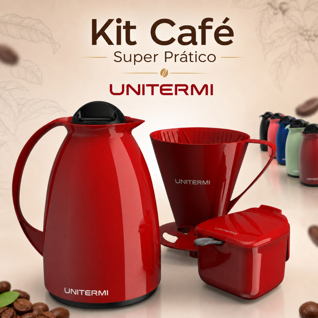 Kit Café Super Prático Unitermi Garrafa Térmica Suporte Para Filtro Açucareiro Com Colher Várias Cores Cozinha
