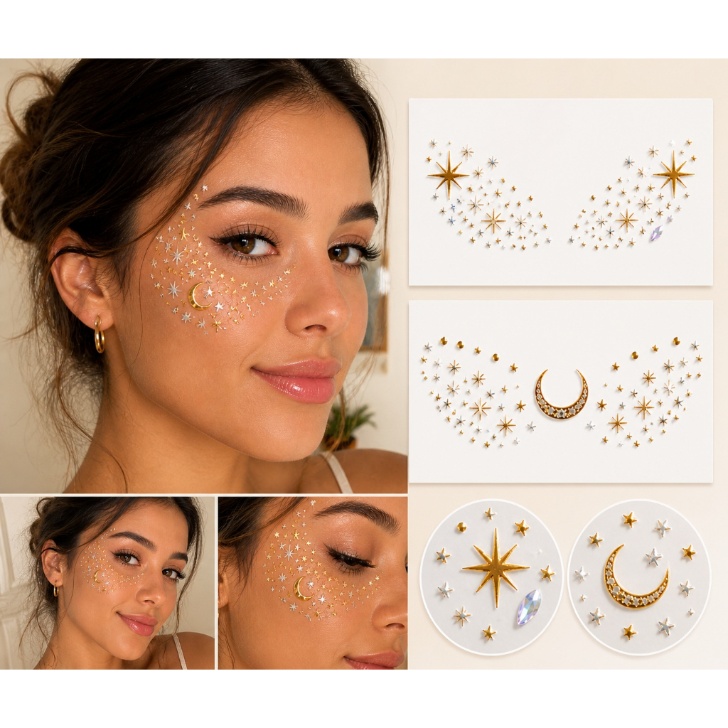 Kit 6 Adesivos Faciais Glitter para Rosto Maquiagem Carnaval Festa Brilho