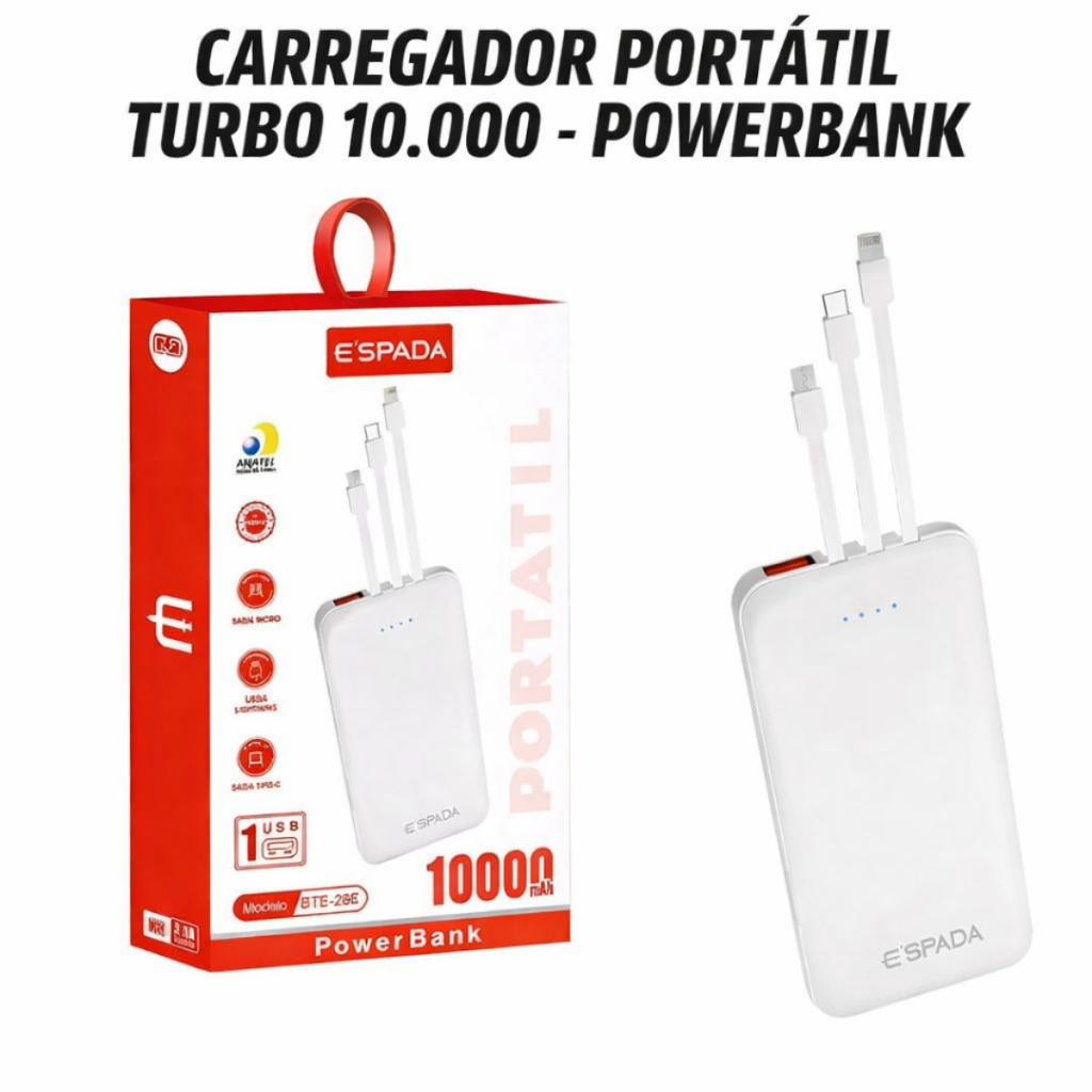 Carregador Portátil 10.000mah Turbo Power Bank Cabo Embutido Usb Tipo-C Lightning Rápido Compacto Leve Fino Viagem