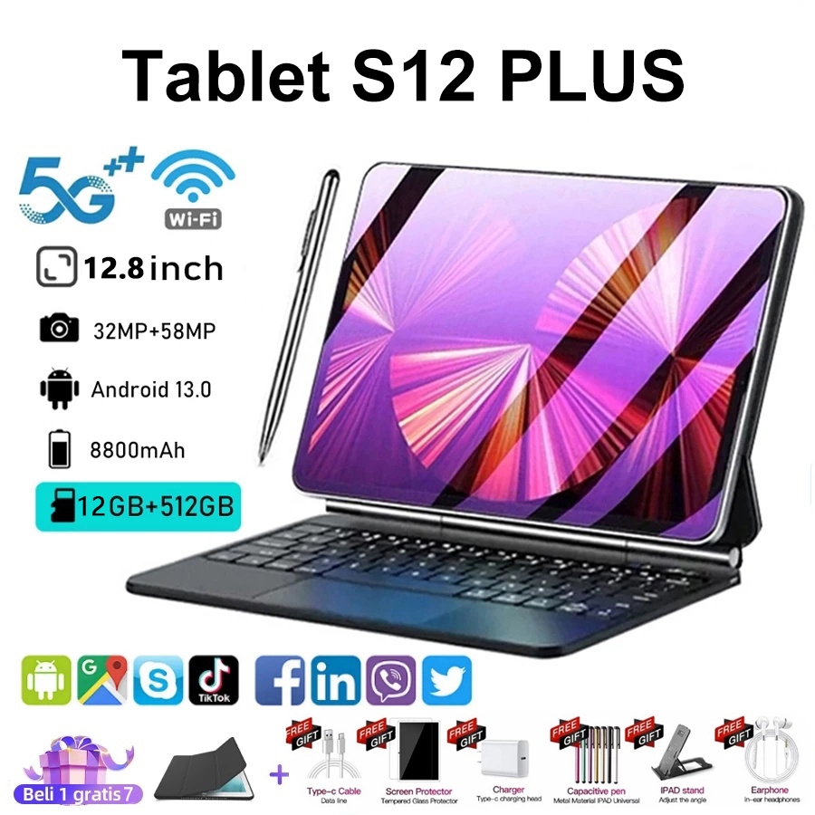 【Teclado e mouse gratuitos】Tablet S12 Plus Tab 12.8 polegadas 12GB+512GB apresenta 5G e Dual SIMTablet 10000mAh
