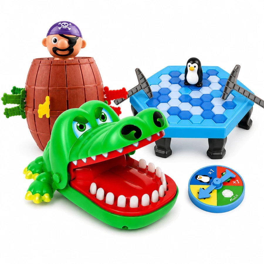 Kit Jogos Completo Quebra Pinguim + Pula Pirata + Crocodilo Morde Dede Brinquedo Interativo de Mesa