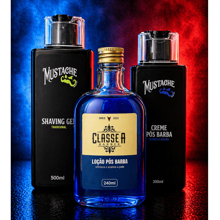 Shaving Gel Mustache 500ml + 1 loção azul Classe A + 1 Creme Pós Barba Mustache