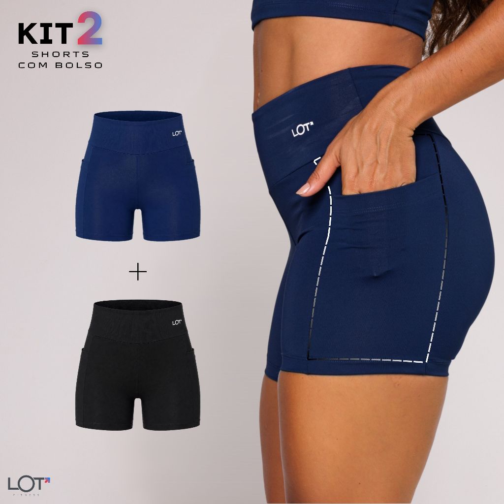 Kit 2 Short com Bolso Fitness Feminino Poliamida Academia Crossfit Treino Corrid