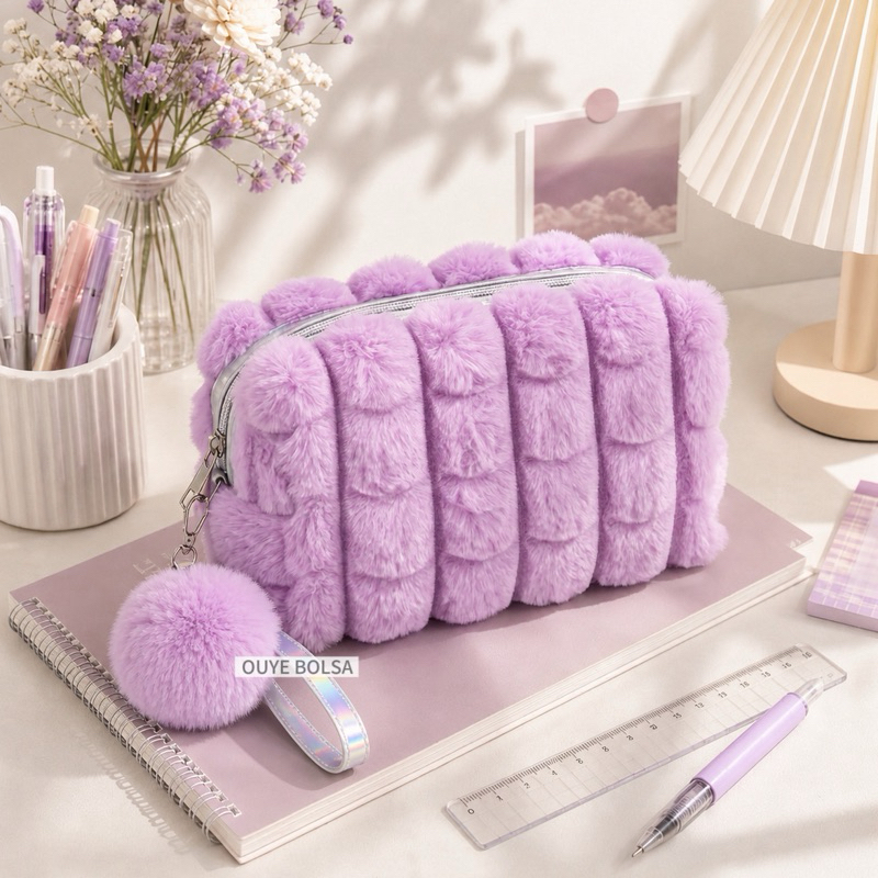 Necessaire de Pelúcia Feminina com Pompom Bolsa de Maquiagem Grande Capacidade