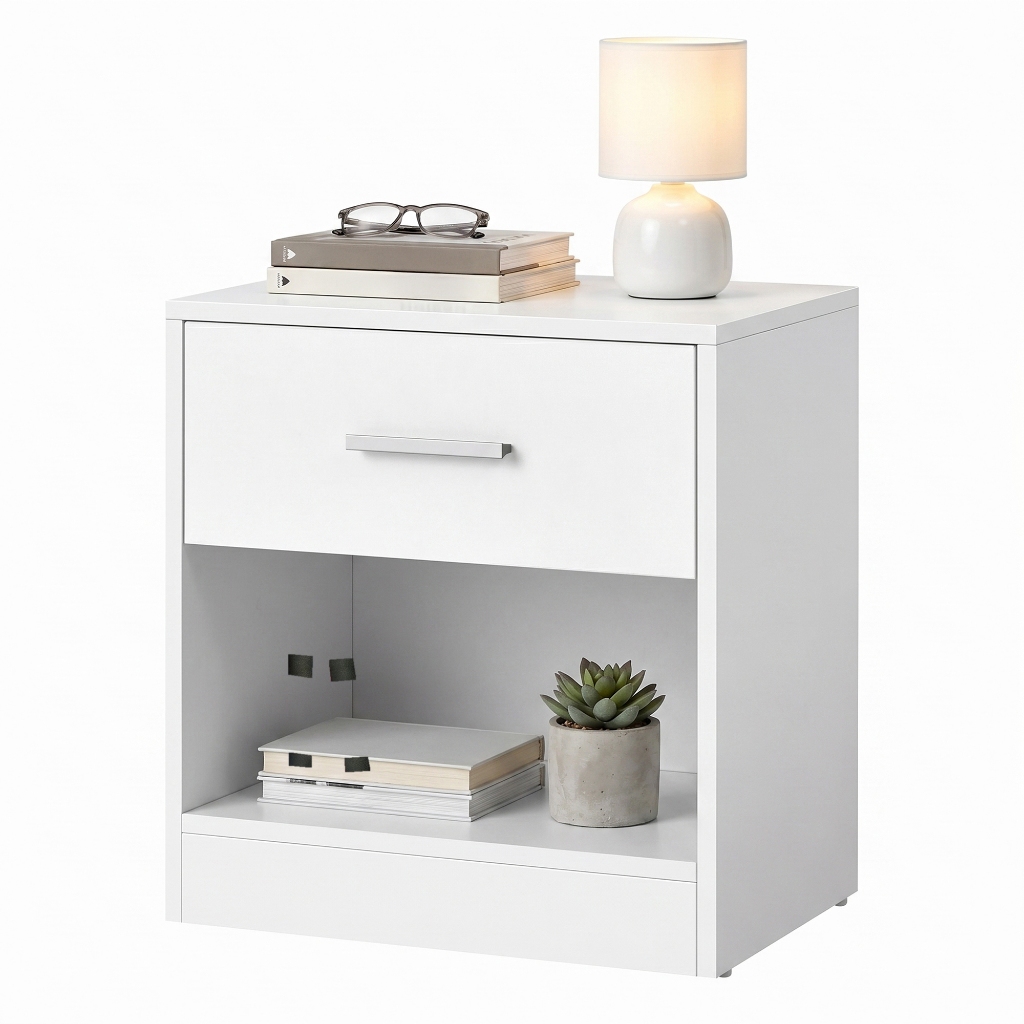 Imagem SONGMICS Mesa de Cabeceira com Gaveta e Prateleira, Mesa Lateral, Compartimento Aberto, para Sala e Quarto, Branco