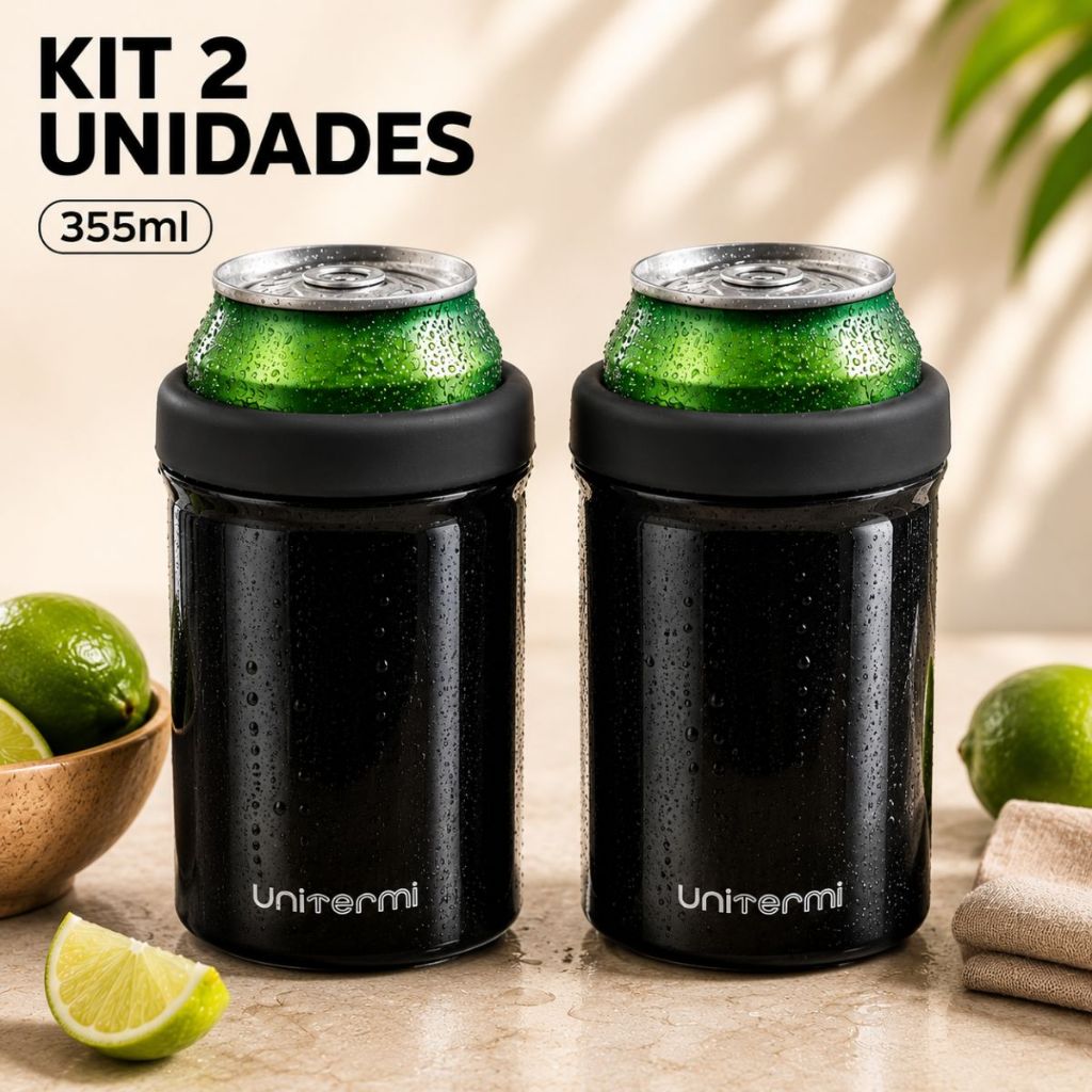 Kit 2un Porta Latas Térmico Preto Para Latinha Cerveja Refrigerante 350ml Unitermi