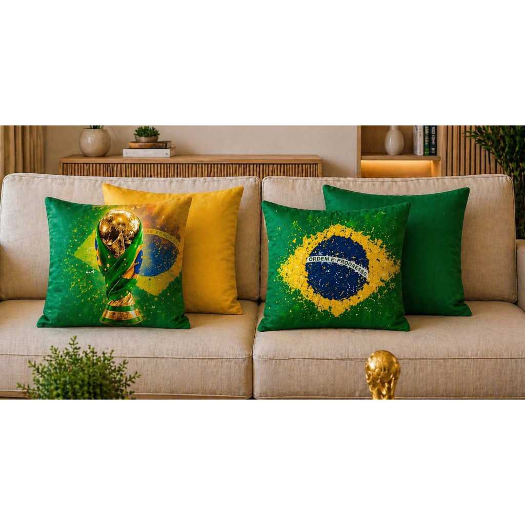 Kit  4 Capas de Almofada Brasil Copa do Mundo 2026 Torcida Lançamento com ziper.