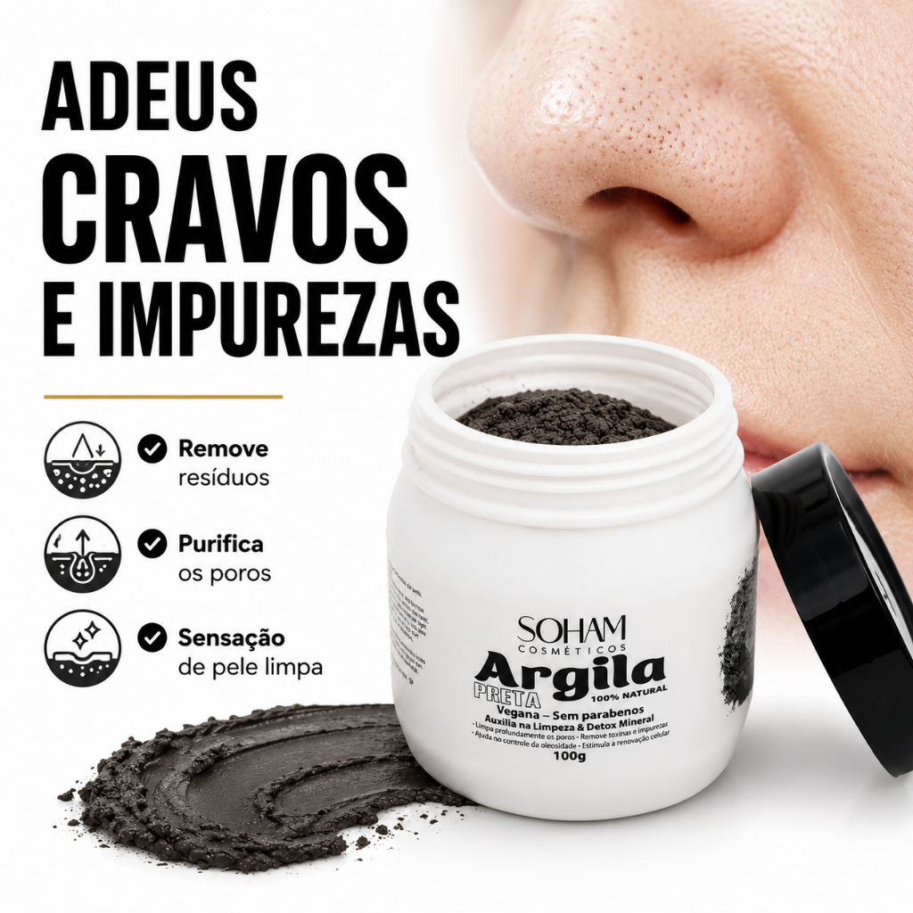 Argila Preta Soham Máscara Facial Natural Detox Pele Oleosa Poros Cravos e Acne 100g